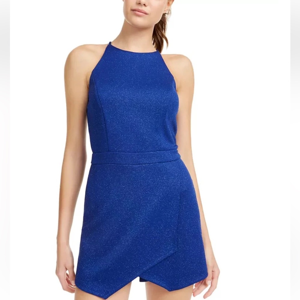Emerald Sundae  Navy Blue Asymmetrical Velvety Glitter Halter  Romper  Junior Sm